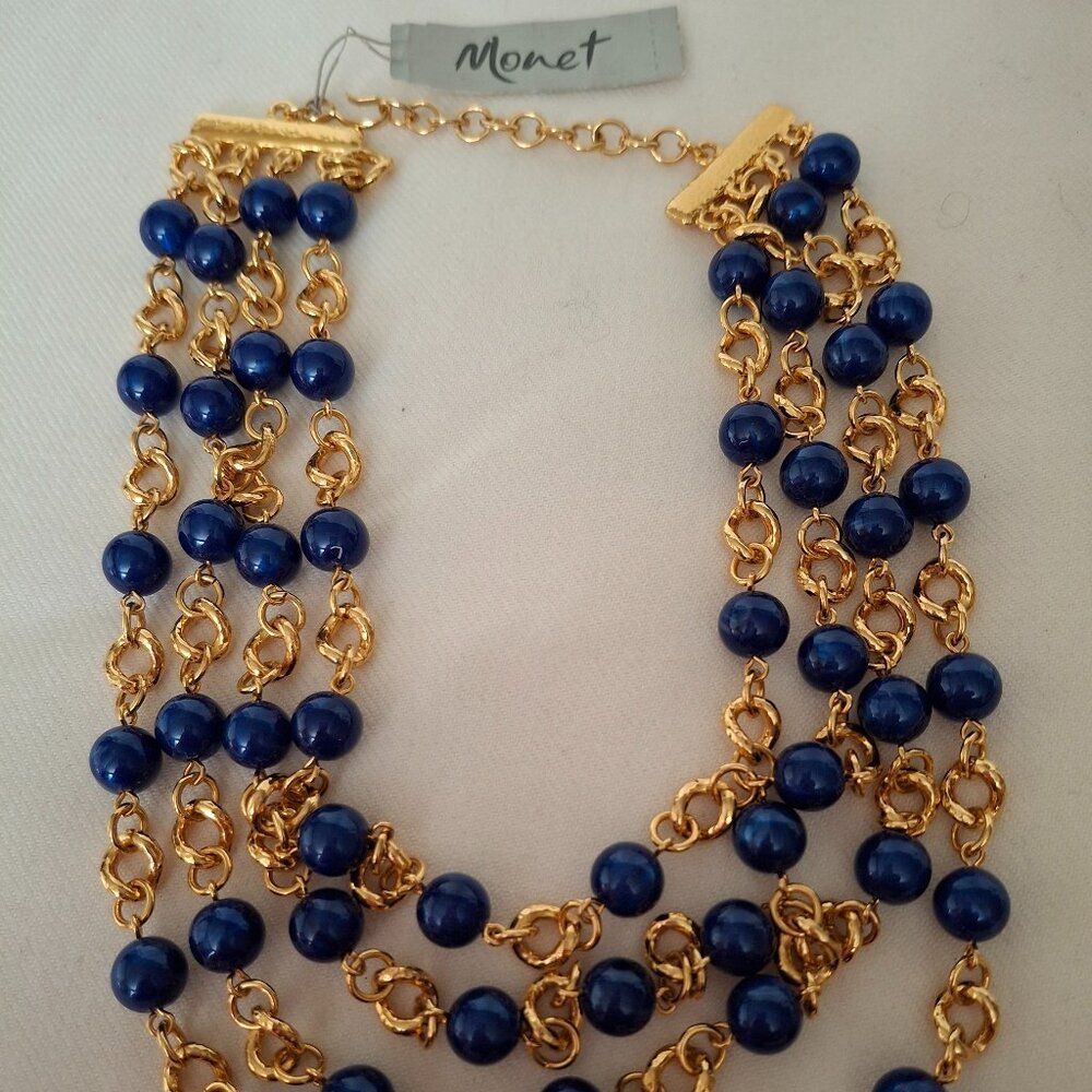 Vintage Monet "Soho" multi-strand gold and blue beaded necklace